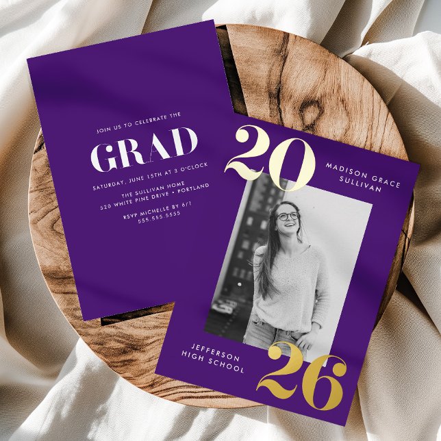 Bold Class of 2026 Purple Photo Graduation Foil Invitation (Creator Uploaded)