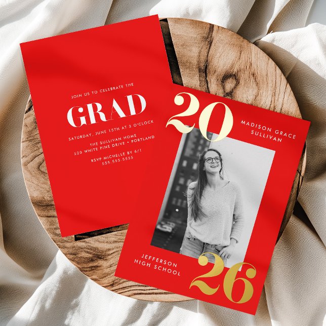 Bold Class of 2026 Red Photo Graduation Foil Invitation (Creator Uploaded)