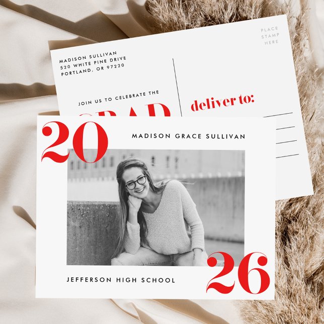 Bold Class of 2026 Red Photo Graduation Party Invitation Postcard (Creator Uploaded)