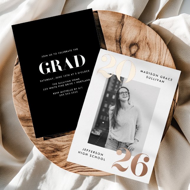 Bold Class of 2026 Rose Gold Photo Graduation Foil Invitation (Creator Uploaded)