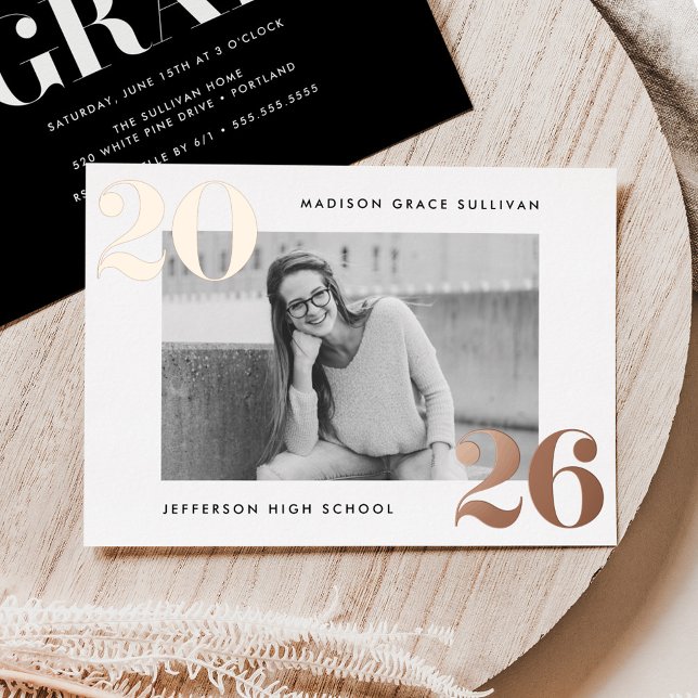 Bold Class of 2026 Rose Gold Photo Graduation Foil Invitation (Creator Uploaded)