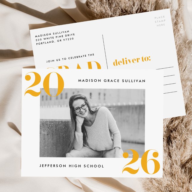 Bold Class of 2026 Yellow Photo Graduation Party Invitation Postcard (Creator Uploaded)