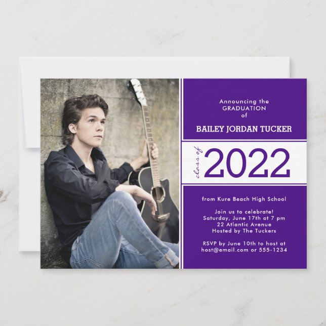 Bold Class Year Dark Purple 2-Photo Graduation Announcement (Front)
