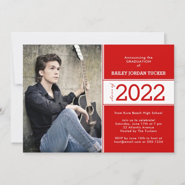 Bold Class Year Red White 2-Photo Graduation Announcement (Front)