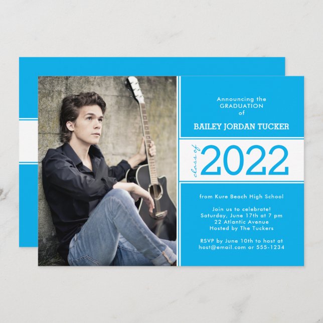 Bold Class Year Sky Blue Photo Graduation Announcement (Front/Back)