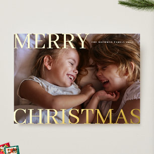 Bold Classic Gold Typography Photo Merry Christmas Foil Holiday Card