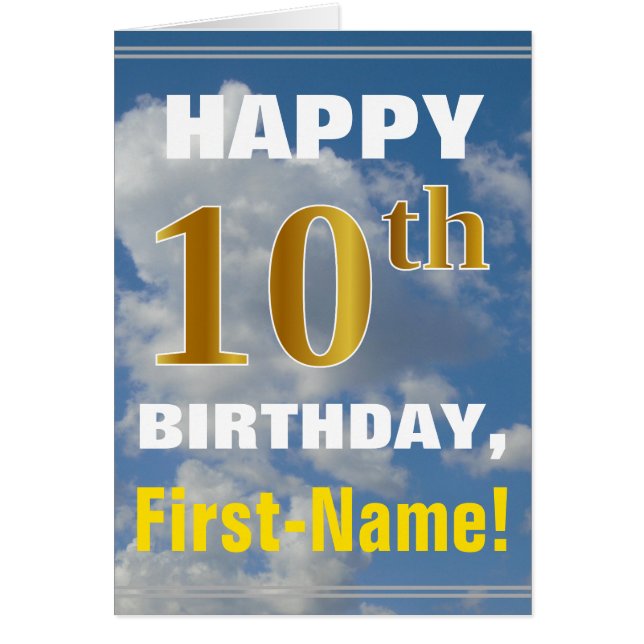 Bold, Cloudy Sky, Faux Gold 10th Birthday + Name Cards (Front)