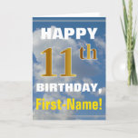 [ Thumbnail: Bold, Cloudy Sky, Faux Gold 11th Birthday + Name Card ]