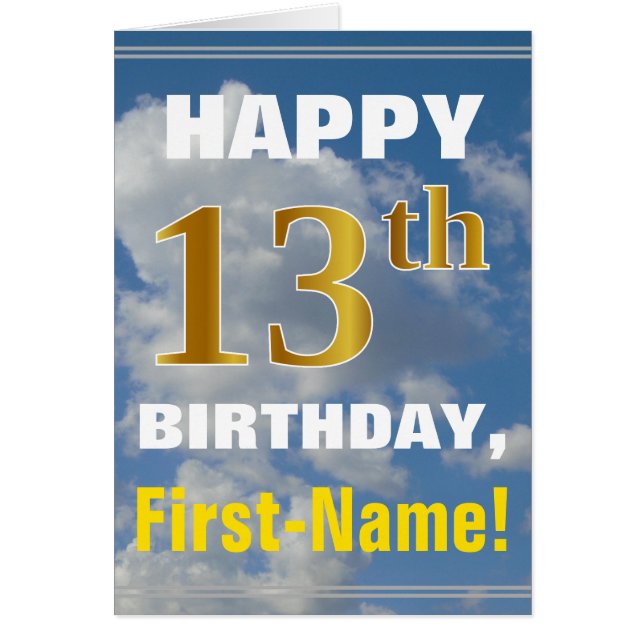 Bold, Cloudy Sky, Faux Gold 13th Birthday + Name Cards (Front)