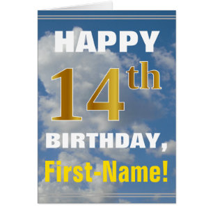 Bold, Cloudy Sky, Faux Gold 14th Birthday + Name