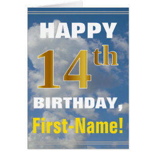 Bold, Cloudy Sky, Faux Gold 14th Birthday + Name Cards