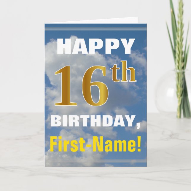 Bold, Cloudy Sky, Faux Gold 16th Birthday + Name Card (Front)