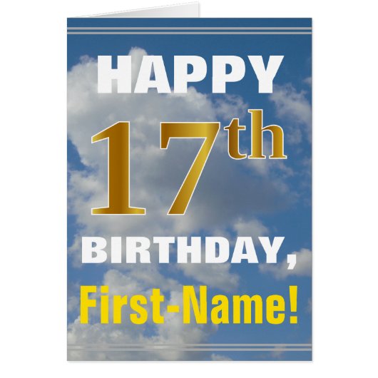 Bold, Cloudy Sky, Faux Gold 17th Birthday + Name Cards (Front)