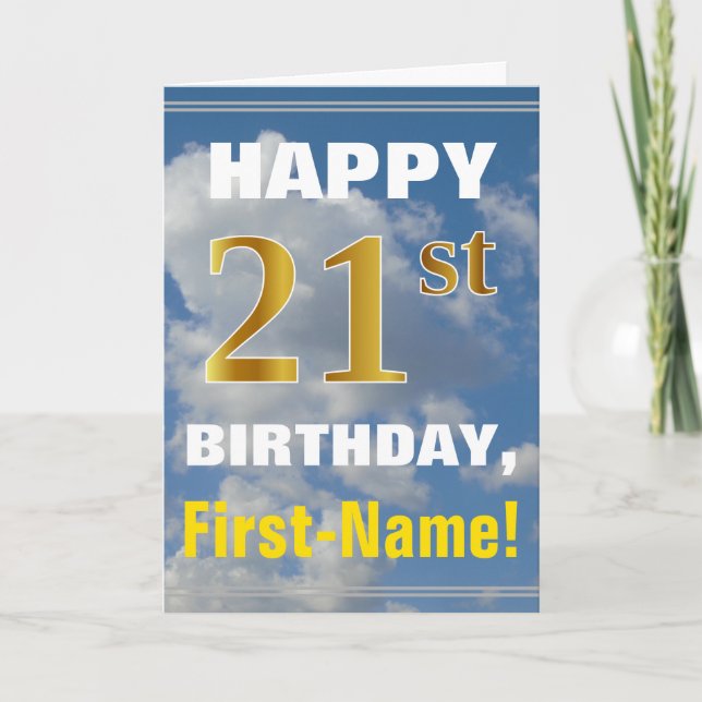 Bold, Cloudy Sky, Faux Gold 21st Birthday + Name Card (Front)