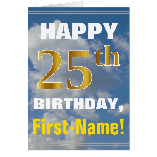 Bold, Cloudy Sky, Faux Gold 25th Birthday + Name Cards (Front)
