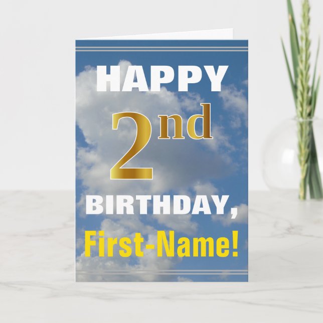 Bold, Cloudy Sky, Faux Gold 2nd Birthday + Name Card (Front)