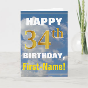 Bold, Cloudy Sky, Faux Gold 34th Birthday + Name Card