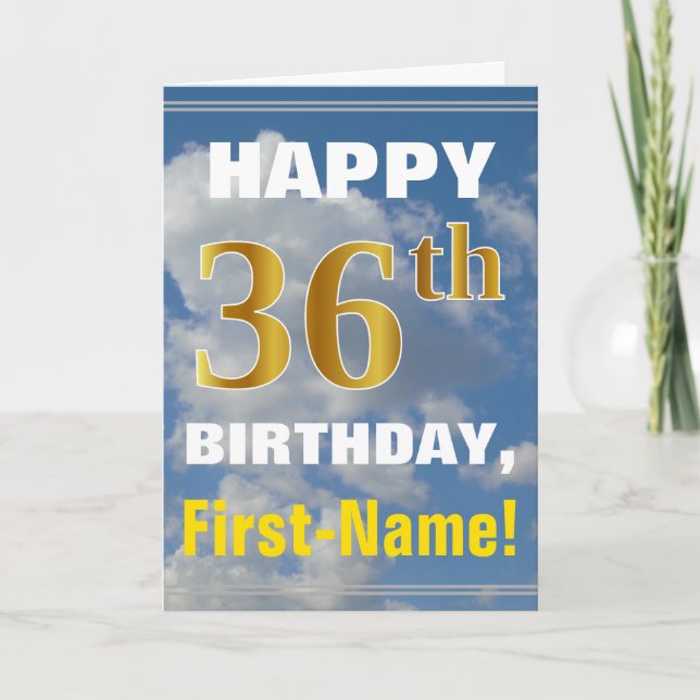 Bold, Cloudy Sky, Faux Gold 36th Birthday + Name Card (Front)