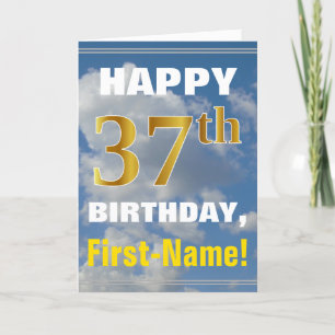 Bold, Cloudy Sky, Faux Gold 37th Birthday + Name Card