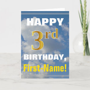 Bold, Cloudy Sky, Faux Gold 3rd Birthday + Name Card