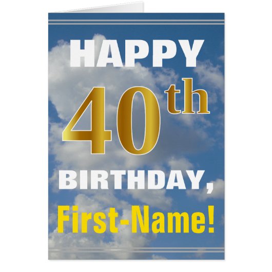 Bold, Cloudy Sky, Faux Gold 40th Birthday + Name Cards (Front)