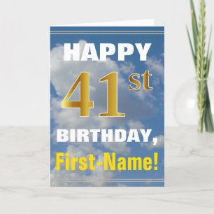 Bold, Cloudy Sky, Faux Gold 41st Birthday + Name Card