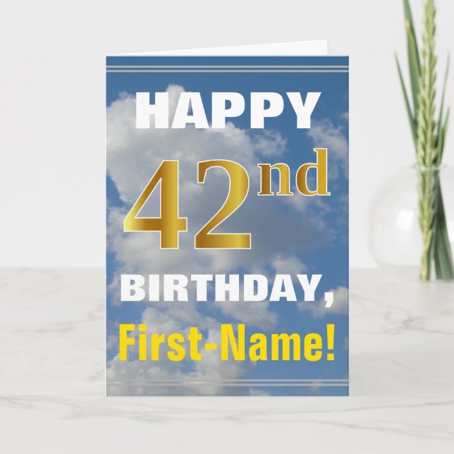 Bold, Cloudy Sky, Faux Gold 42nd Birthday + Name Card (Front)