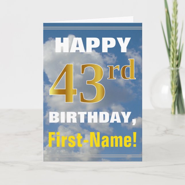 Bold, Cloudy Sky, Faux Gold 43rd Birthday + Name Card (Front)