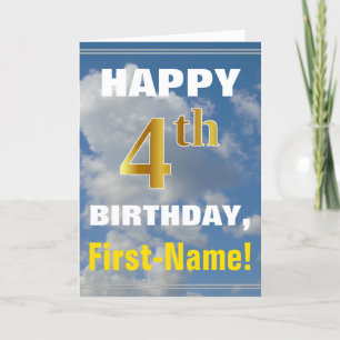 Bold, Cloudy Sky, Faux Gold 4th Birthday + Name Card
