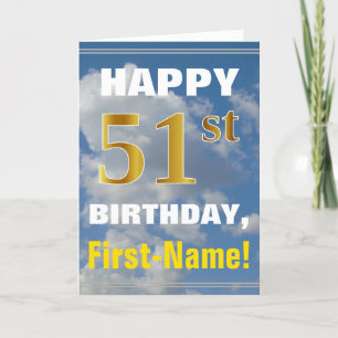 Bold, Cloudy Sky, Faux Gold 51st Birthday + Name Card