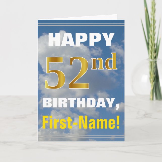 Bold, Cloudy Sky, Faux Gold 52nd Birthday + Name Card (Front)