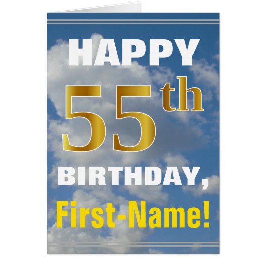 Bold, Cloudy Sky, Faux Gold 55th Birthday + Name (Front)