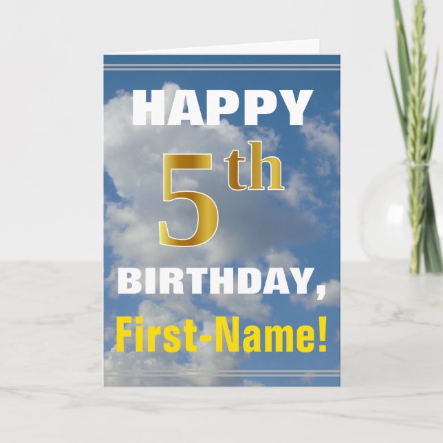 Bold, Cloudy Sky, Faux Gold 5th Birthday + Name Card (Front)