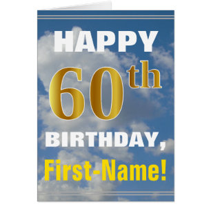 Bold, Cloudy Sky, Faux Gold 60th Birthday + Name Cards