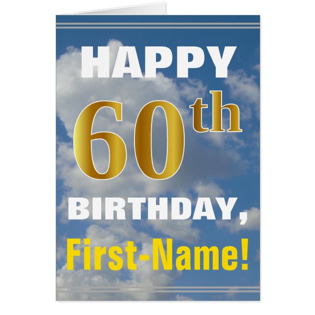 Bold, Cloudy Sky, Faux Gold 60th Birthday + Name Cards (Front)