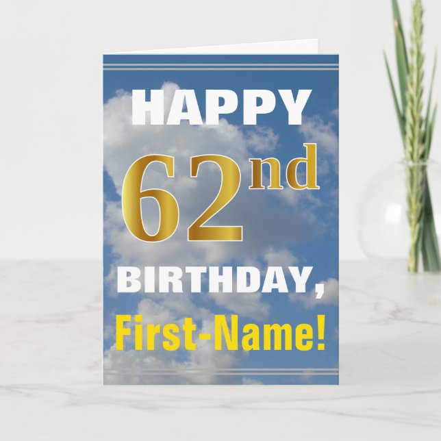 Bold, Cloudy Sky, Faux Gold 62nd Birthday + Name Card (Front)