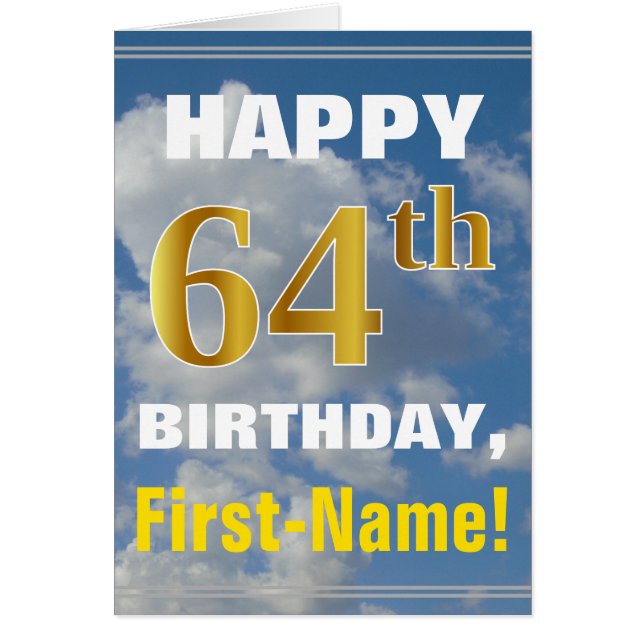 Bold, Cloudy Sky, Faux Gold 64th Birthday + Name Cards (Front)