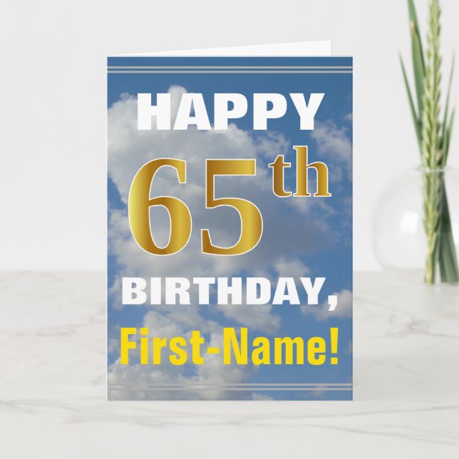 Bold, Cloudy Sky, Faux Gold 65th Birthday + Name Card (Front)