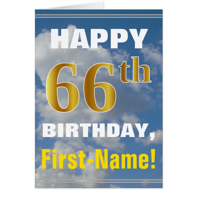 Bold, Cloudy Sky, Faux Gold 66th Birthday + Name Cards (Front)