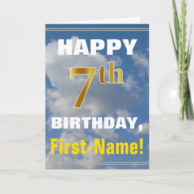 Bold, Cloudy Sky, Faux Gold 7th Birthday + Name Card (Front)