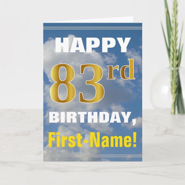 Bold, Cloudy Sky, Faux Gold 83rd Birthday + Name Card (Front)