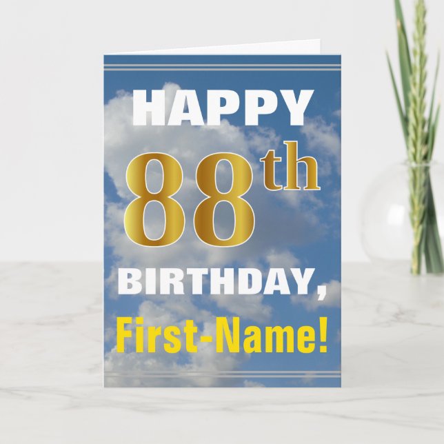 Bold, Cloudy Sky, Faux Gold 88th Birthday + Name Card (Front)