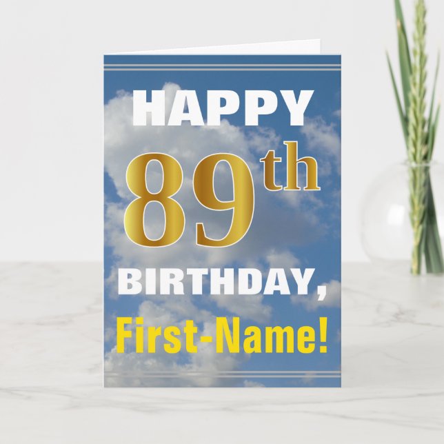 Bold, Cloudy Sky, Faux Gold 89th Birthday + Name Card (Front)