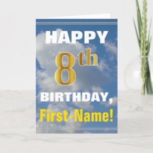 Bold, Cloudy Sky, Faux Gold 8th Birthday + Name Card