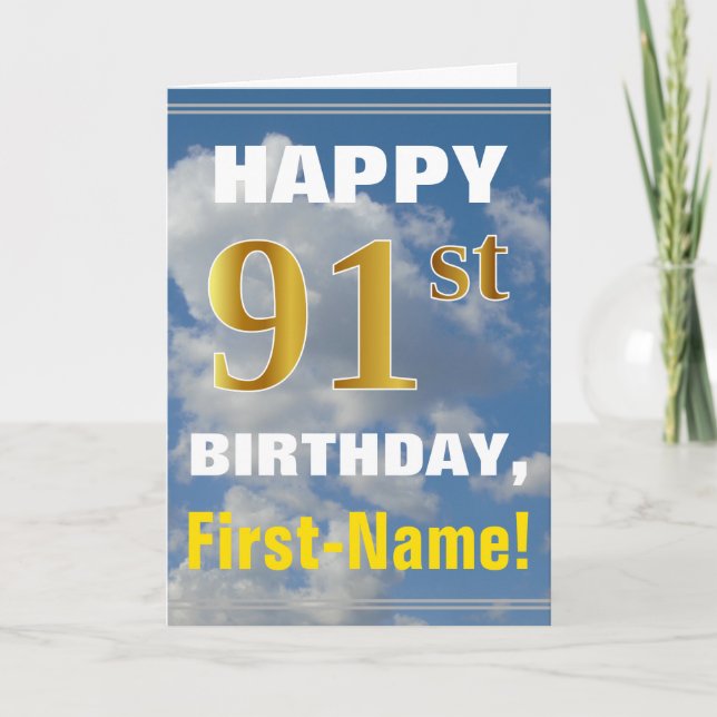 Bold, Cloudy Sky, Faux Gold 91st Birthday + Name Card (Front)