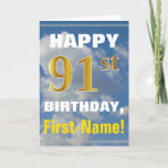 [ Thumbnail: Bold, Cloudy Sky, Faux Gold 91st Birthday + Name Card ]