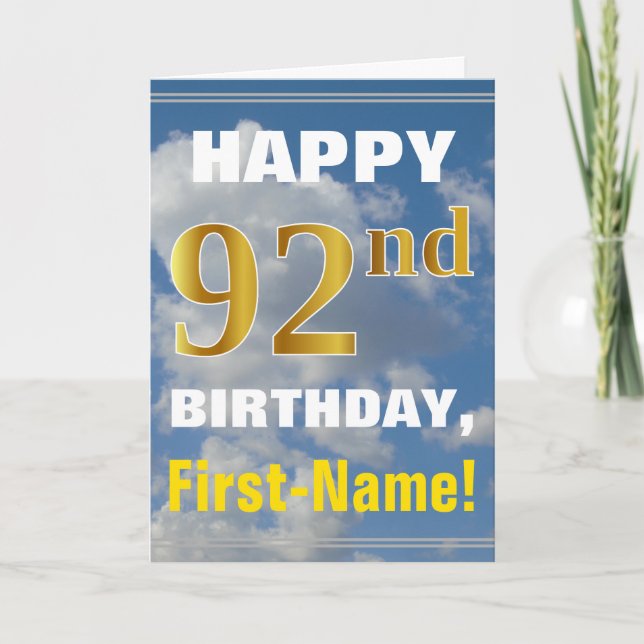 Bold, Cloudy Sky, Faux Gold 92nd Birthday + Name Card (Front)