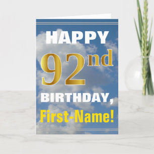 Bold, Cloudy Sky, Faux Gold 92nd Birthday + Name Card