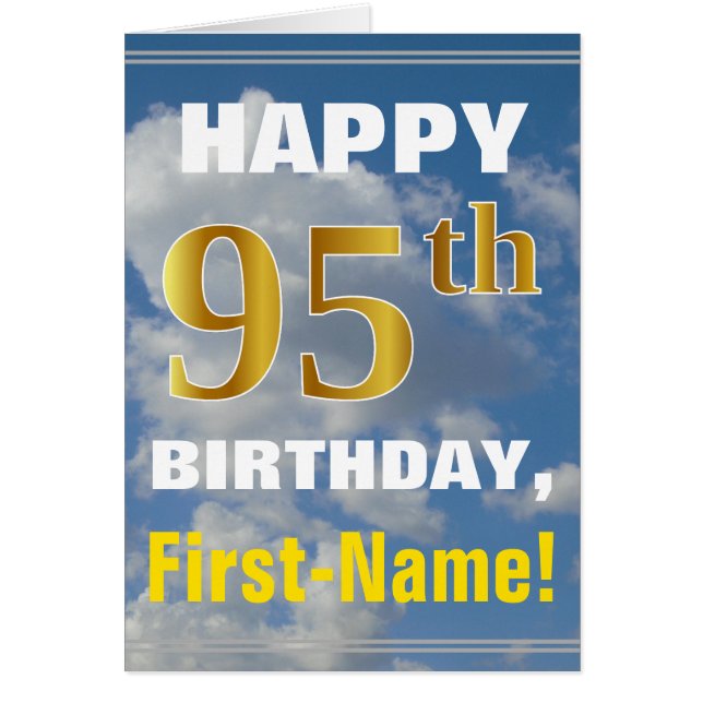 Bold, Cloudy Sky, Faux Gold 95th Birthday + Name Cards (Front)