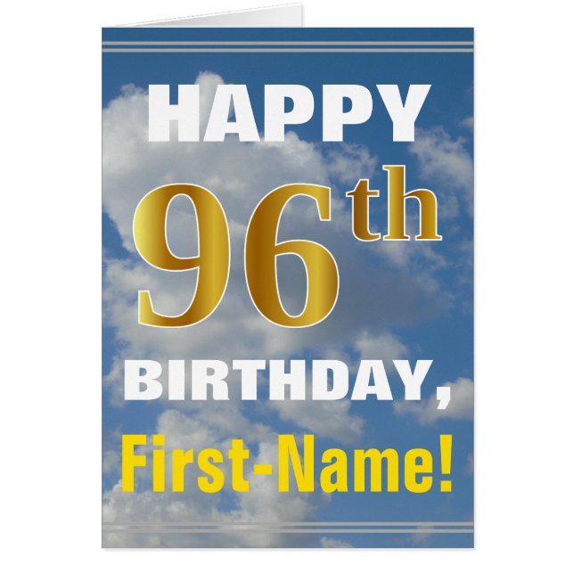 Bold, Cloudy Sky, Faux Gold 96th Birthday + Name Cards (Front)